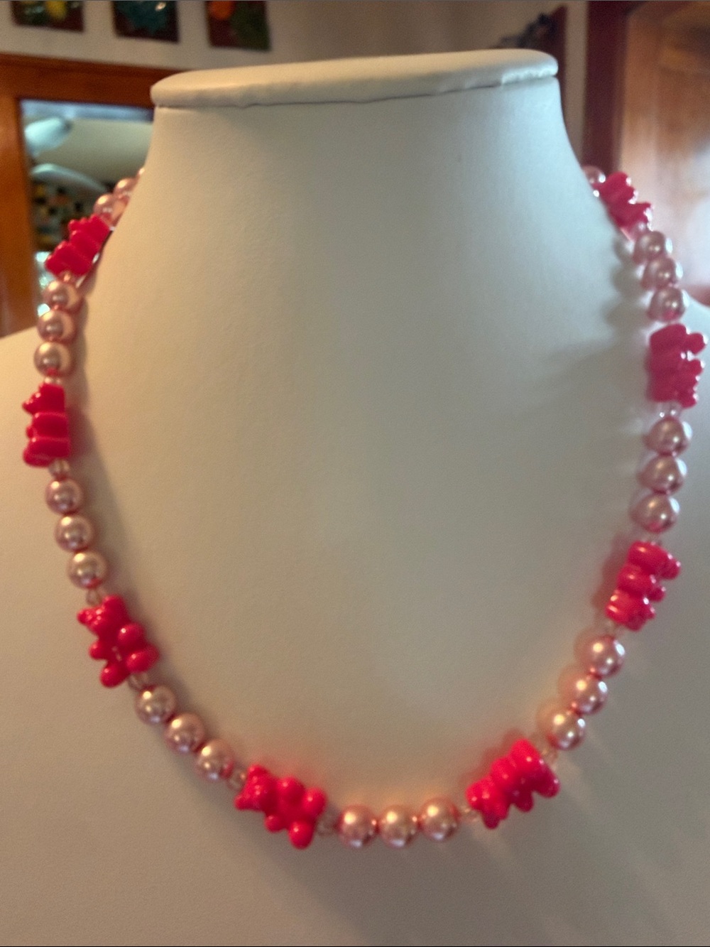 Audrey Limoges Collection Pink Pearl and Hot Pink Gummy Bear Necklace
